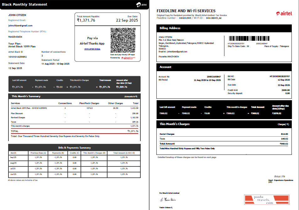 India Airtel utility bill template in Word and PDF formats, 2 pages, version 5
